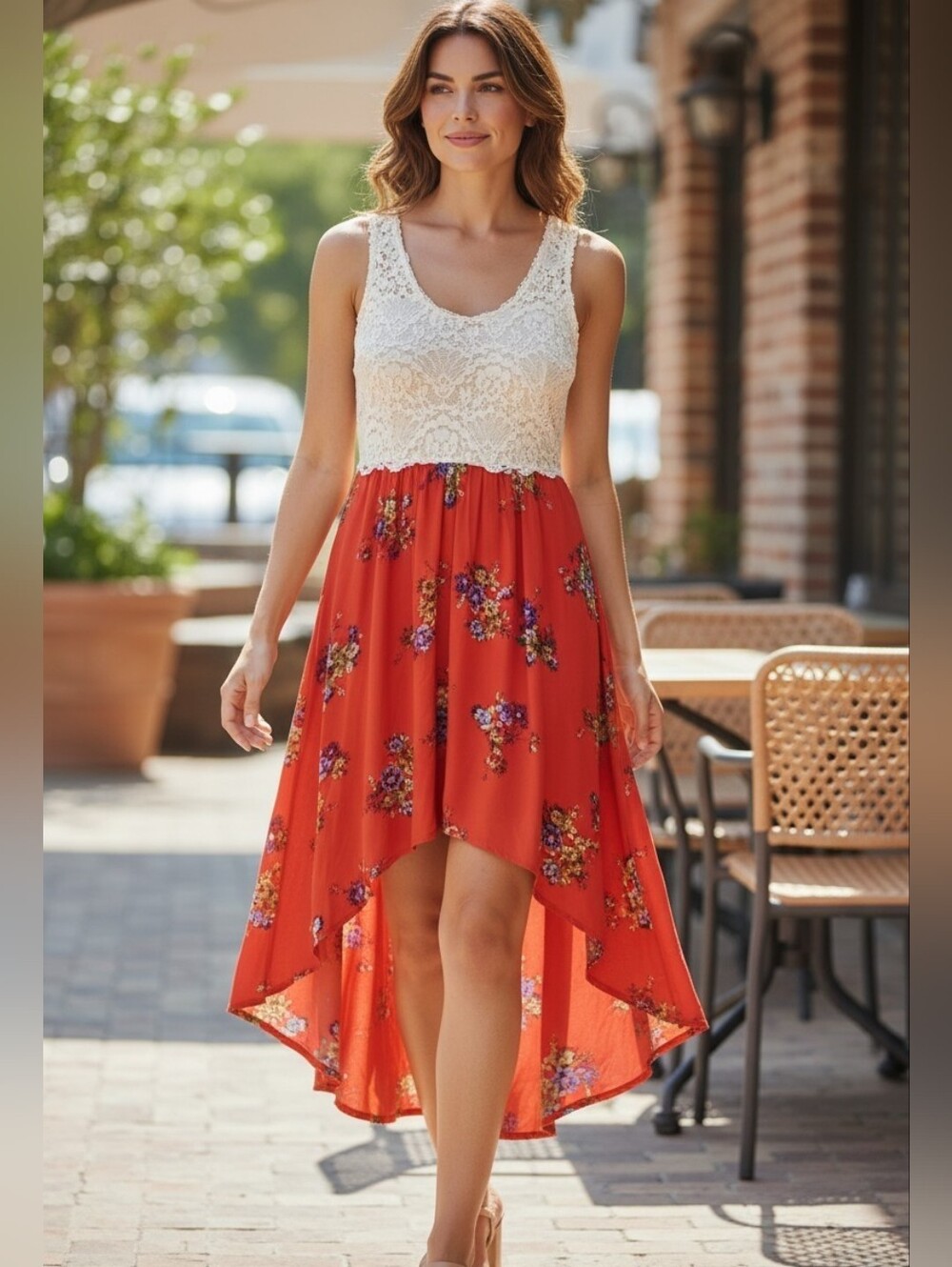 Finesse Floral Sleeveless Hi Low Spring Dress Lace Top Sz. L (M) Vintage